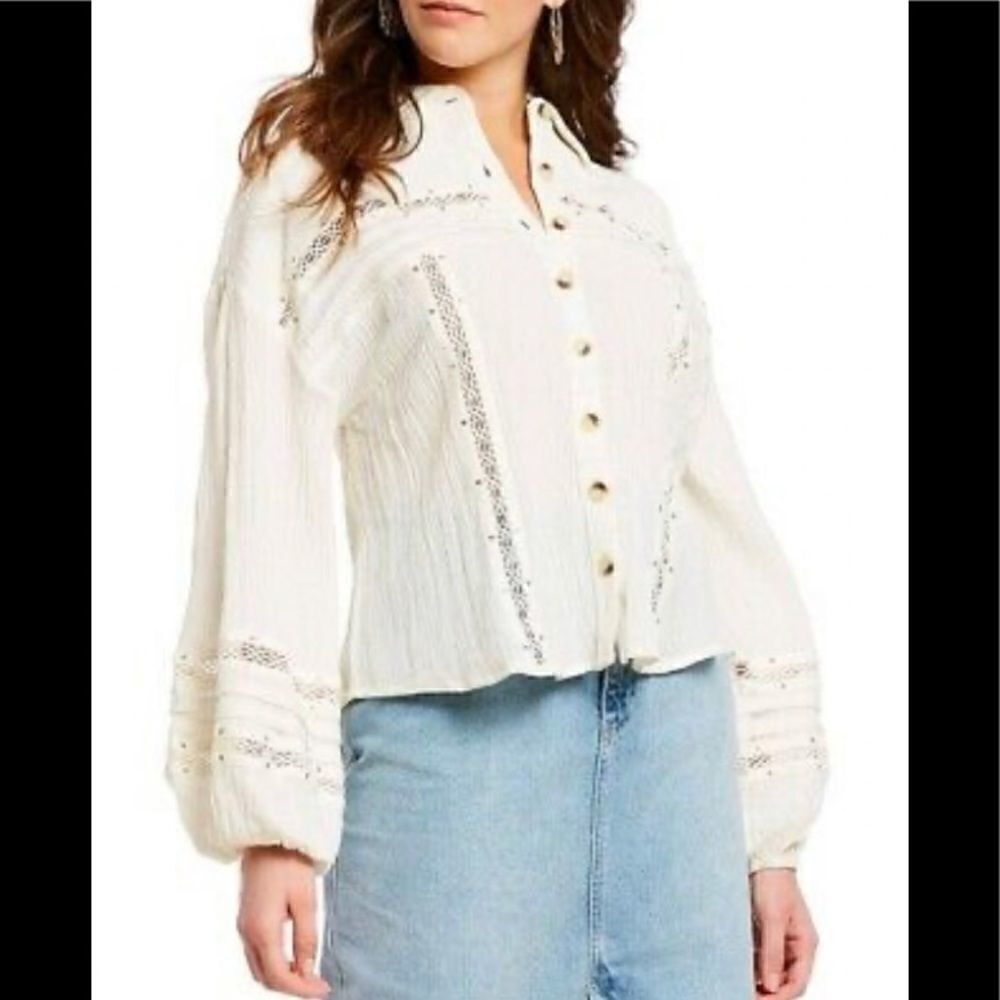 Free People Summer Stars Sequin Lace Crinkle Button Down Top Ivory L NWOT - Picture 8 of 8
